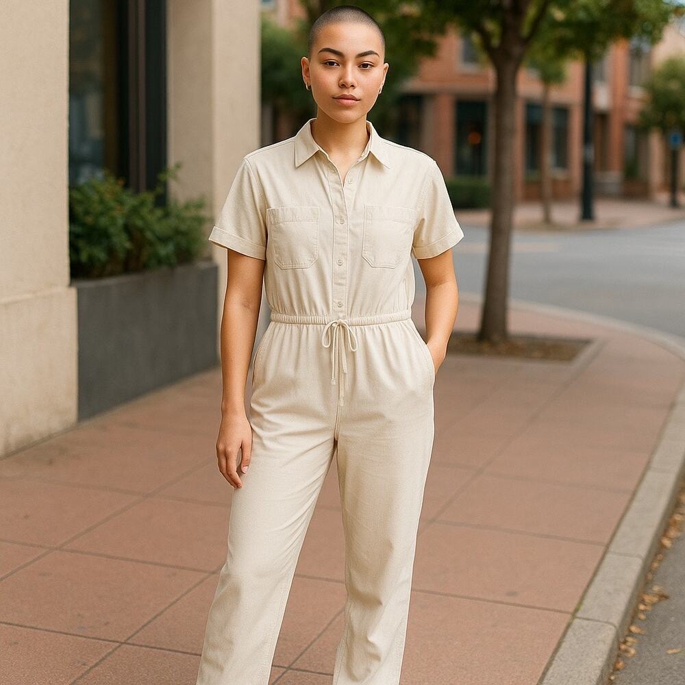 Japna Jumpsuit Womens S Linen Cotton Blend Tan Collared Drawstring Waist